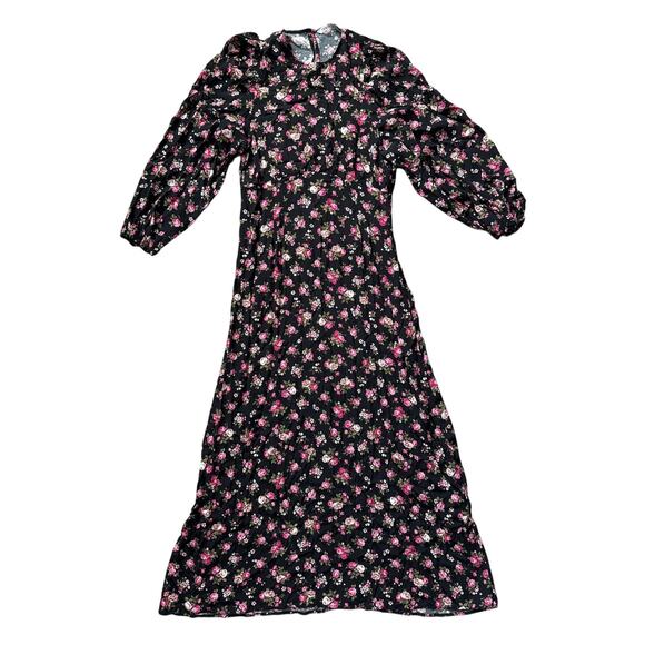 Zara Printed Long Sleeve Black Florals Midi Dress Size Small - Picture 7 of 15